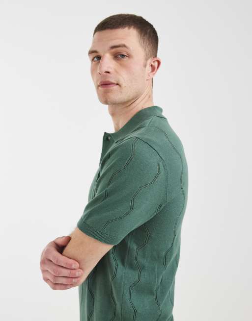 BLEND - Regular-fit gebreide polo van 100% katoen in eendengroen, 4 van 5