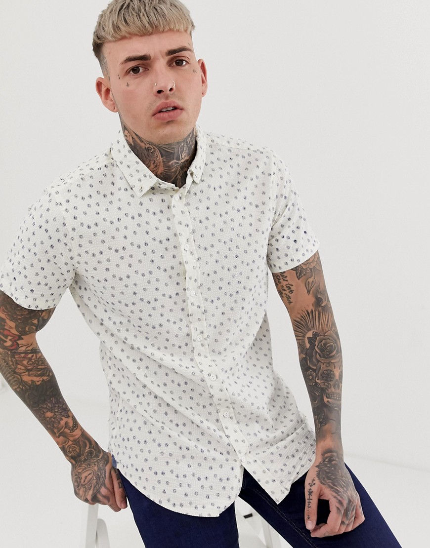 Blend - Seersucker overhemd met korte mouwen en stippenprint in wit
