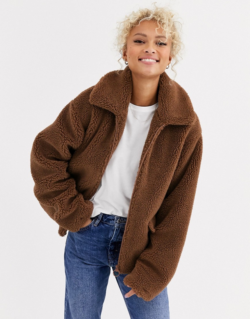 Blend She Teddy's zip thru faux fur jacket-Brown