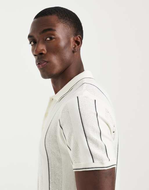 BLEND - Slim-fit gebreide polo van 100% katoen met dunne strepen in gebroken wit, 2 van 5