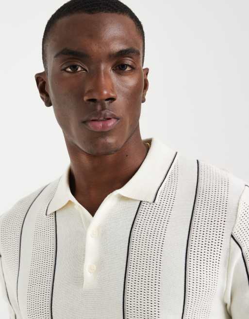 BLEND - Slim-fit gebreide polo van 100% katoen met dunne strepen in gebroken wit, 4 van 5