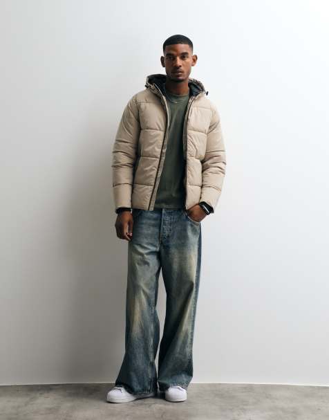BLEND zip through hooded puffer jacket in ecru - view 1