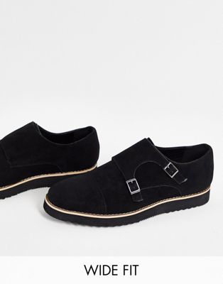 фото Блестящие повседневные туфли-монки черного цвета с ремешками для широкой стопы truffle collection wide fit-черный