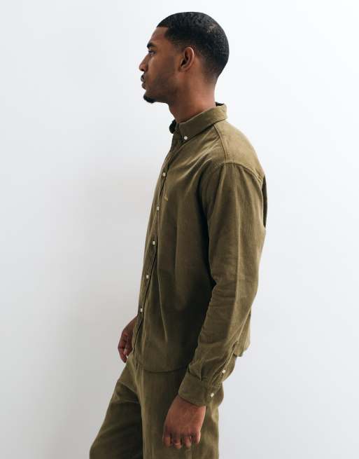 BLKVIS button down corduroy long sleeve shirt co-ord in olive green, 3 of 5