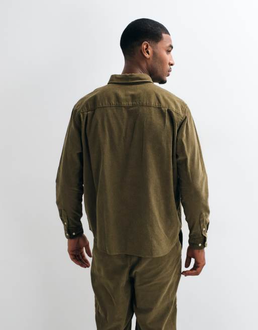 BLKVIS button down corduroy long sleeve shirt co-ord in olive green, 5 of 5
