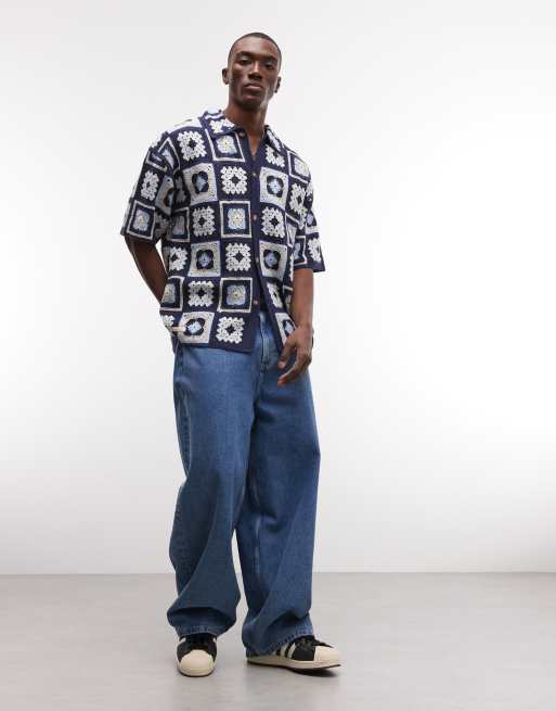 BLKVIS - Camicia blu multicolore all'uncinetto con scollo squadrato, 3 di 5