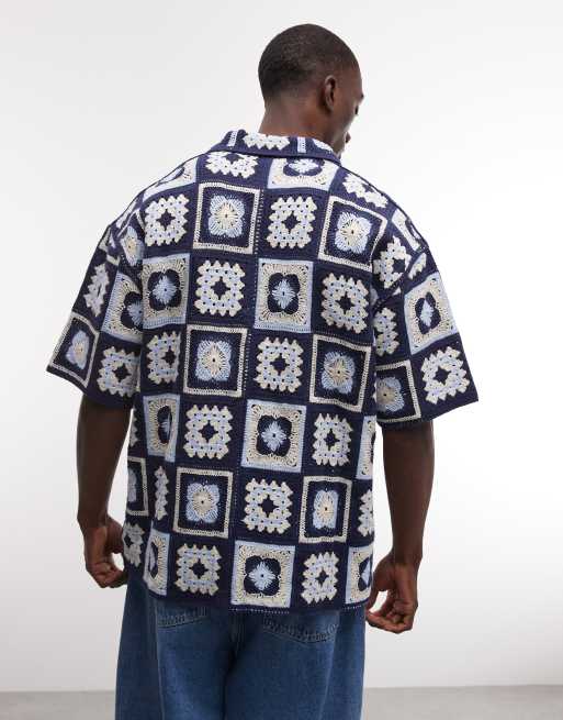BLKVIS - Camicia blu multicolore all'uncinetto con scollo squadrato, 5 di 5
