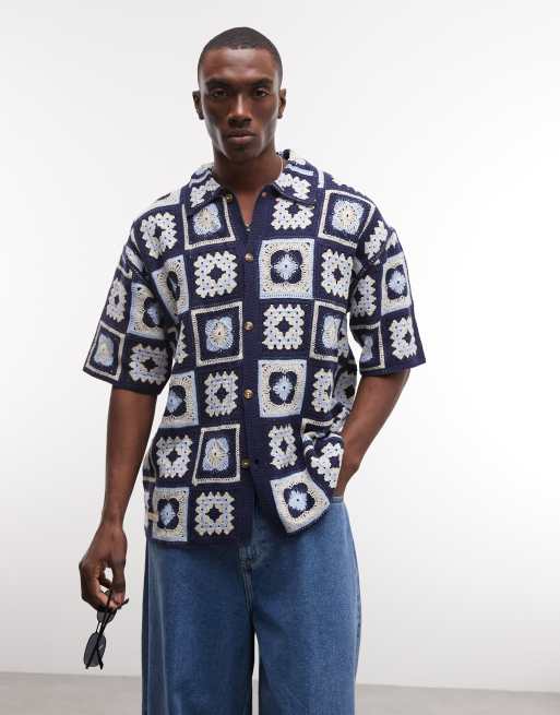 BLKVIS - Camicia squadrata all'uncinetto blu multicolore