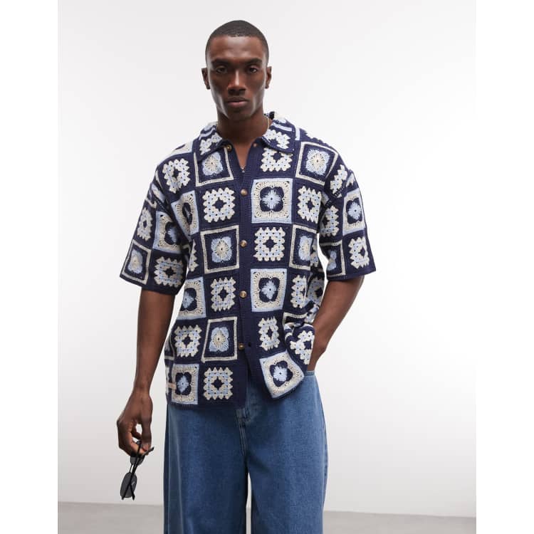 BLKVIS crochet square shirt in blue mutli | ASOS