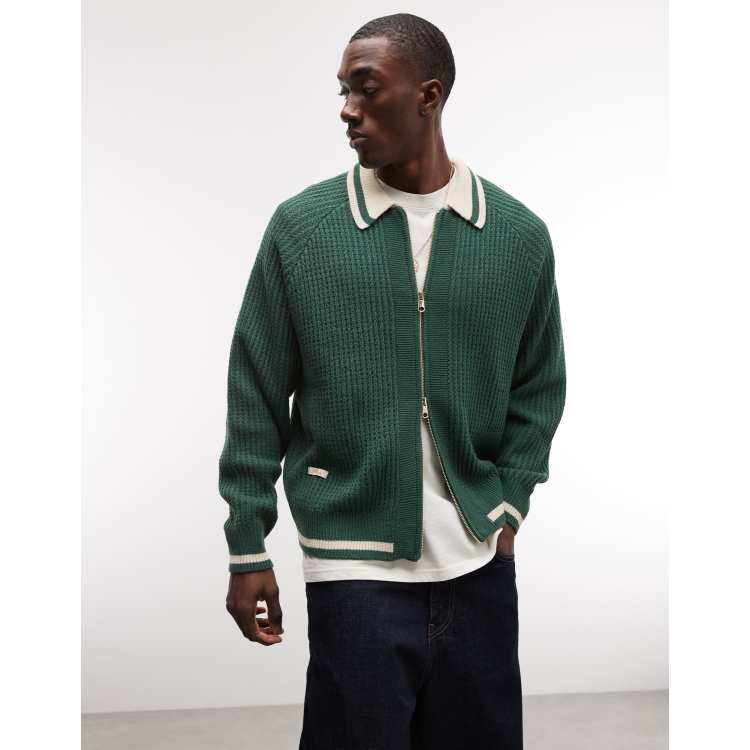 BLKVIS full zip cardigan with collar in green | ASOS
