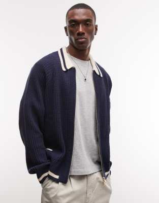BLKVIS full zip cardigan with collar in navy | ASOS