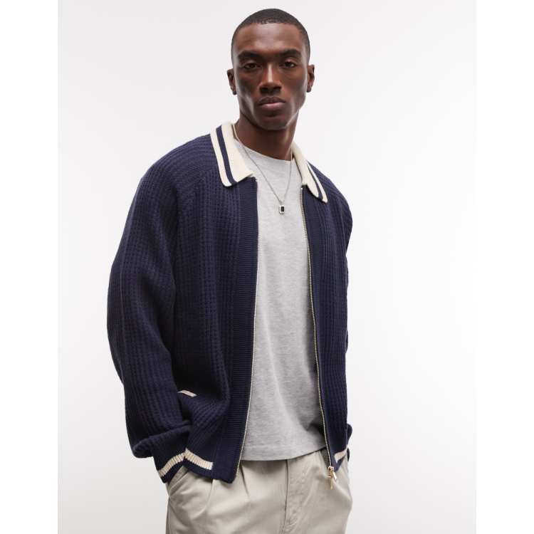 BLKVIS full zip cardigan with collar in navy | ASOS