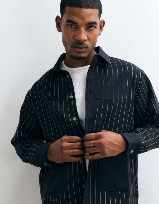 BLKVIS gestreifte Overshirt-Kombination mit Knopfleiste in Schwarz, 3 von 5