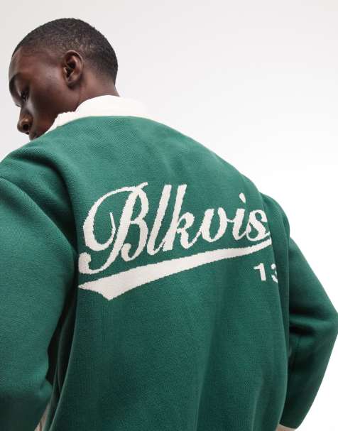 BLKVIS – Gestreifte Strickjacke in Grün mit Knopfleiste und Rückengrafik - view 1
