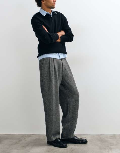 BLKVIS herringbone wool mix relaxed fit suit trousers in black - view 1