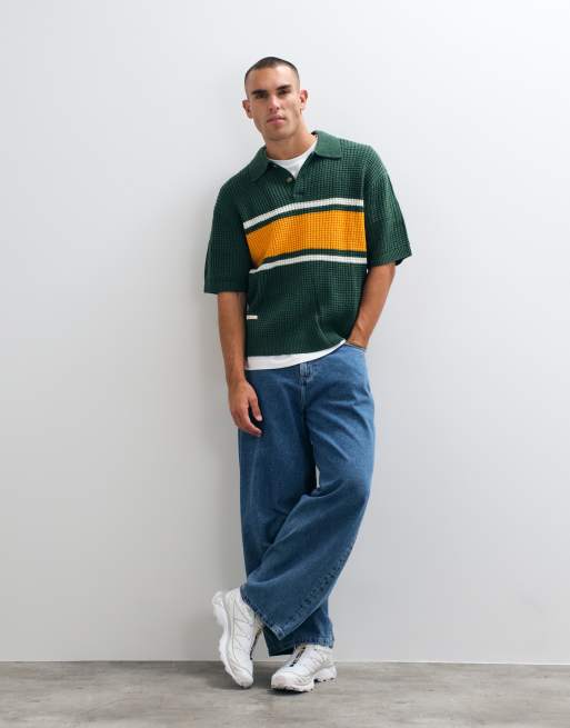 BLKVIS - polo de punto gofrado de mezcla de lana en verde/amarillo, 3 de 5