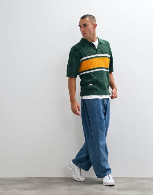 BLKVIS - polo de punto gofrado de mezcla de lana en verde/amarillo, 5 de 5