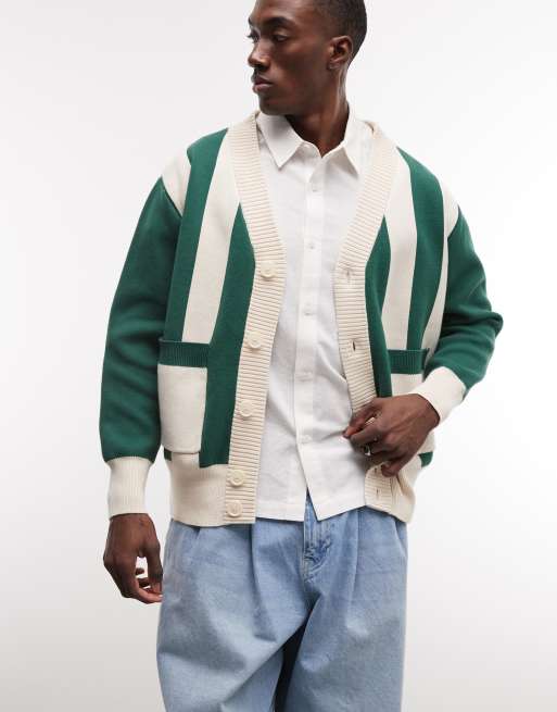 BLKVIS stripe button up cardigan with back graphic in green, 3 of 5