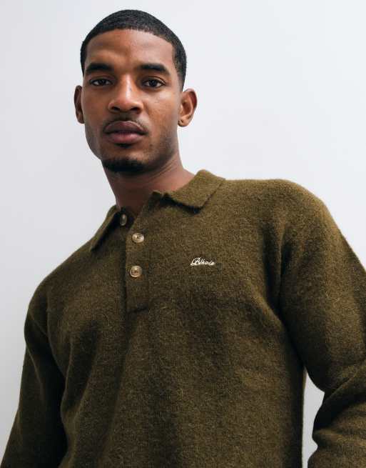 BLKVIS structured long sleeve polo shirt in olive green, 3 of 5