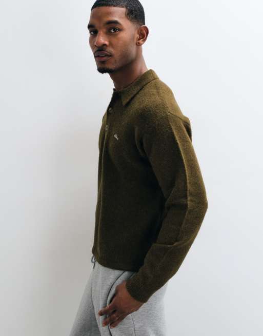BLKVIS structured long sleeve polo shirt in olive green, 4 of 5