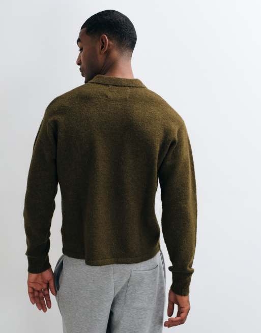 BLKVIS structured long sleeve polo shirt in olive green, 5 of 5