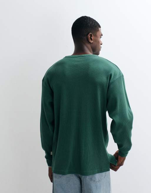 BLKVIS - T-shirt a maniche lunghe verde a nido d'ape con scritta del logo, 4 di 5