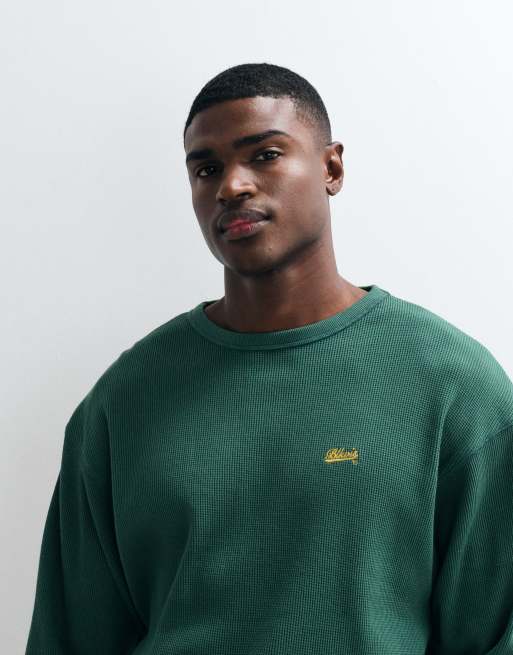 BLKVIS - T-shirt a maniche lunghe verde a nido d'ape con scritta del logo, 5 di 5
