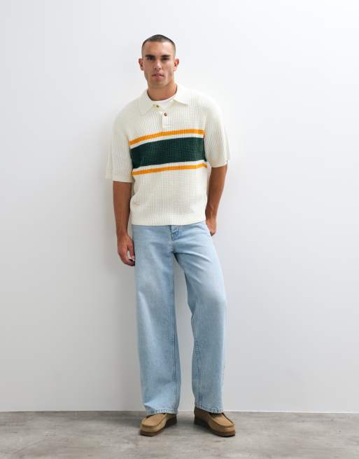 BLKVIS waffle knitted wool mix polo shirt in white/green, 3 of 5