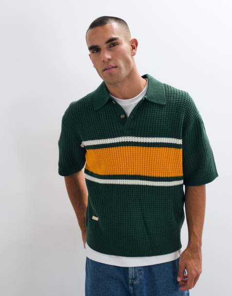 BLKVIS waffle-strikket polo shirt i grøn/gul uldblanding - view 1