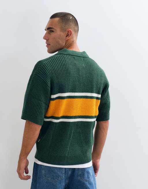 BLKVIS waffle-strikket polo shirt i grøn/gul uldblanding, 4 af 5