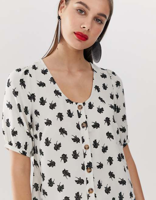 Blomstret bluse med pufærmer og knapper fra Vero Moda, 3 af 4