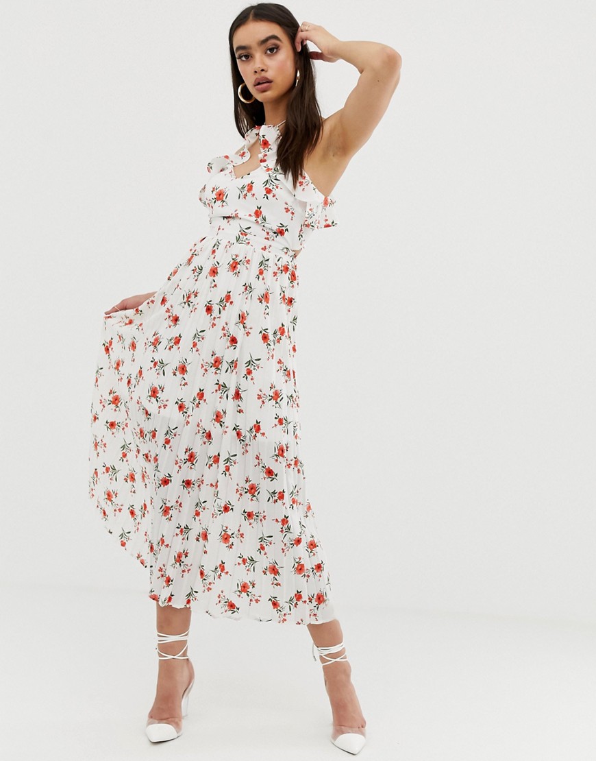 Blomstret midikjole med plisseret nederdel fra Fashion Union-Hvid