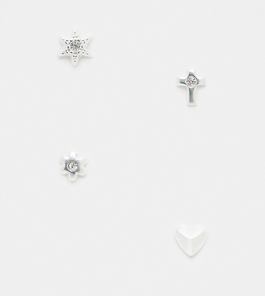 Bloom & Bay sterling silver 4 pack of stud earrings in star, flower, cross and heart