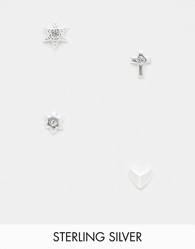 Bloom and Bay - Bloom & Bay sterling silver 4 pack of stud earrings in star, flower, cross and heart