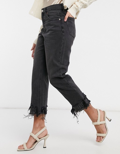 Blue Revival 90's crop straight leg jeans with beaded hem in faded black