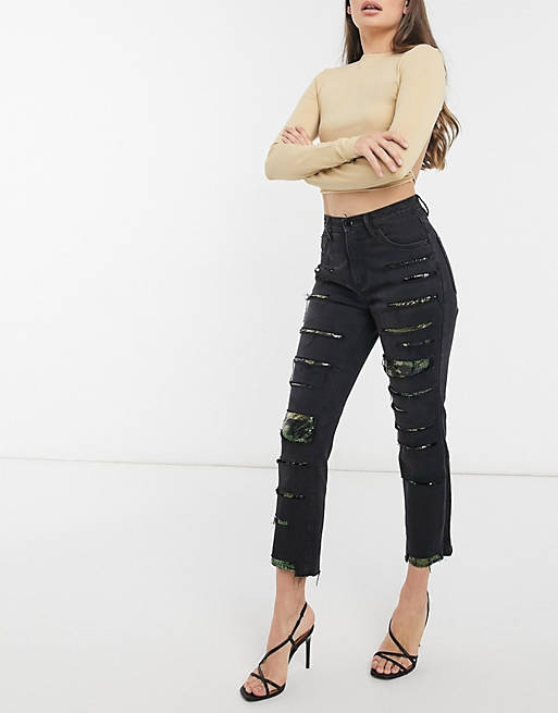 Women Blue Revival distressed crop jean with camo sequin embellishment in faded black 