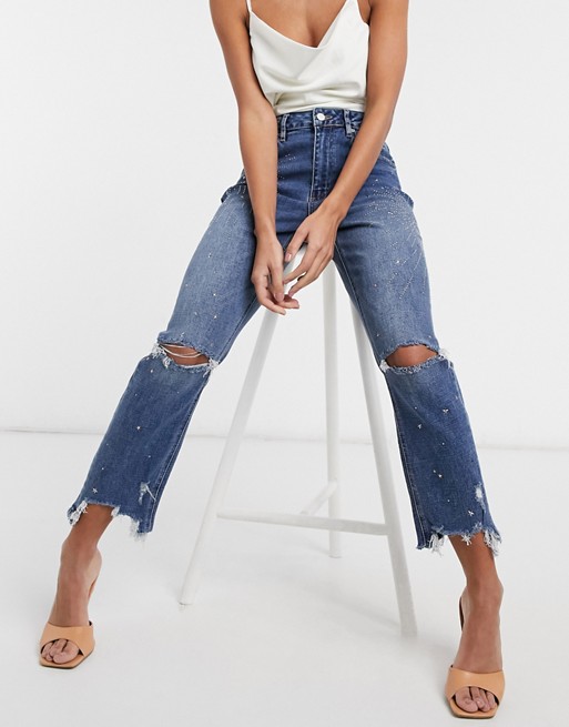 Blue Revival distressed crop jean with embellishment in dark wash blue