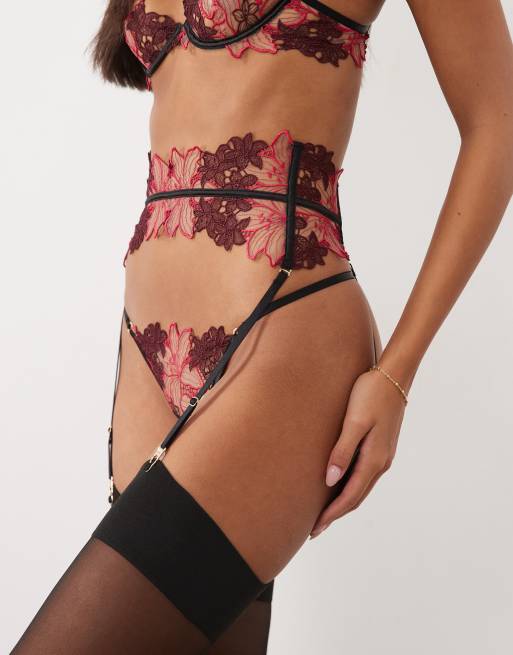 Bluebella Calantha floral embroidery bra thong suspender set in burgundy, 2 of 4