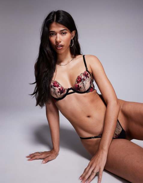 Bluebella Calista sheer bra with floral embriodery in black and red - view 1