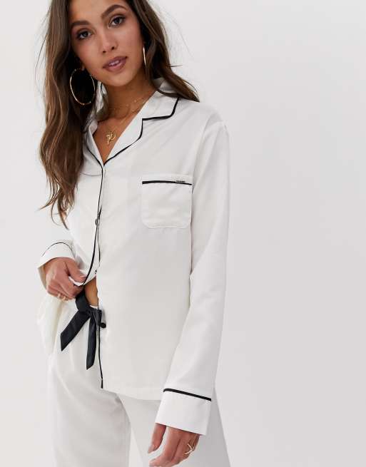 Bluebella Claudia long satin shirt and pants pyjama set in cream