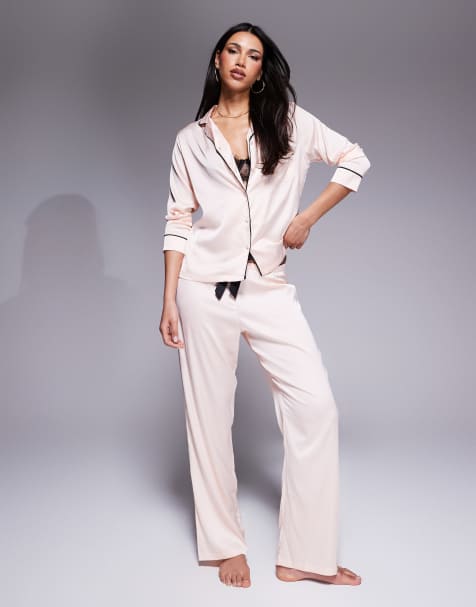 Bluebella Claudia luxury satin long pyjama set in pale pink/black - view 1