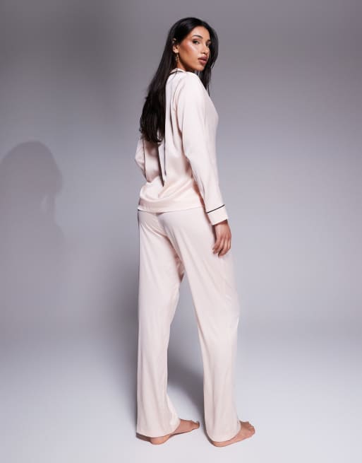 Bluebella Claudia luxury satin long pyjama set in pale pink/black, 4 of 4