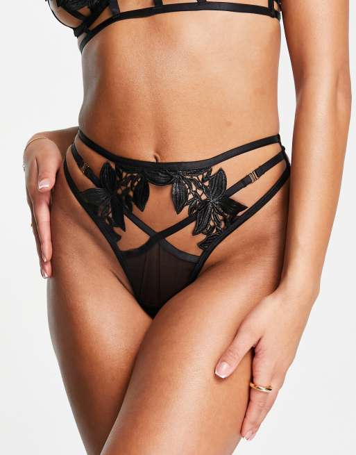 Bluebella Cromer wetlook leaf crochet detail strappy high waist thong in black