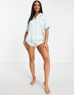 Bluebella Exclusive Alma revere button front top and short pyjama set in mint stripe print