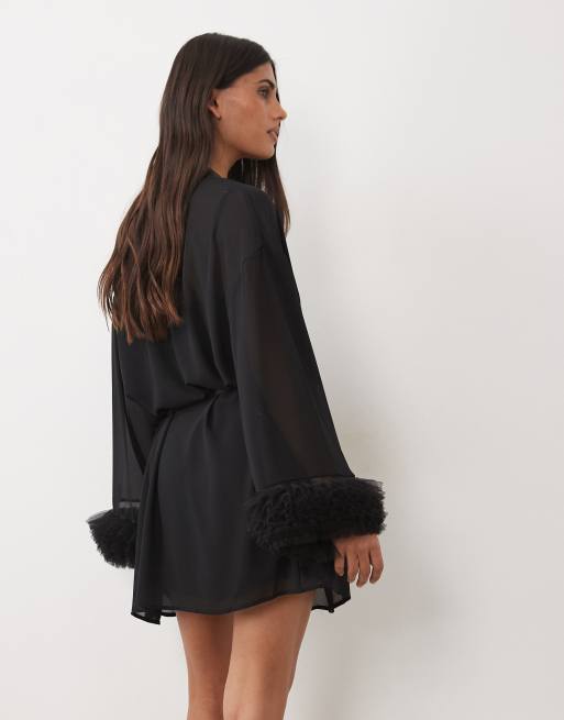 Bluebella Kika sheer robe with ruffled cuffs detail in black, 4 of 4