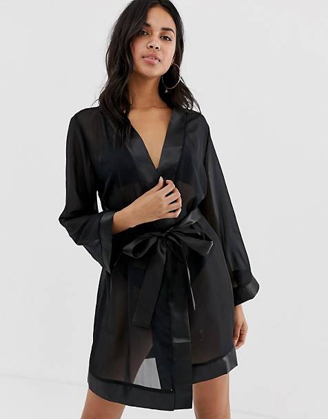 Vestaglia corta in raso nera con profili a contrasto Asos Donna Abbigliamento Abbigliamento per la notte Accappatoi e vestaglie 