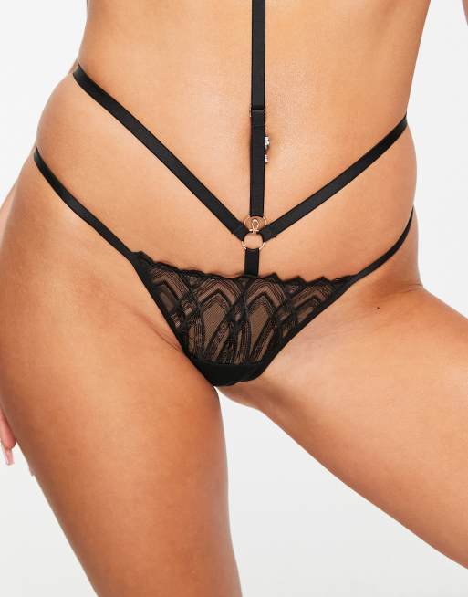Bluebella Lana art deco lace open back strappy briefs with detachable neck harness in black