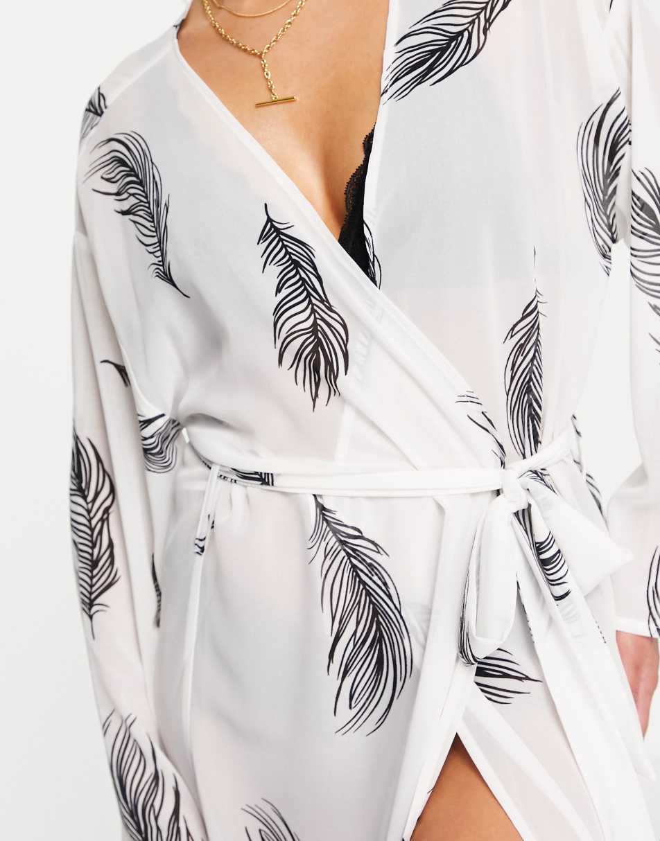 Bluebella Laurel chiffon maxi kimono in cream leaf print