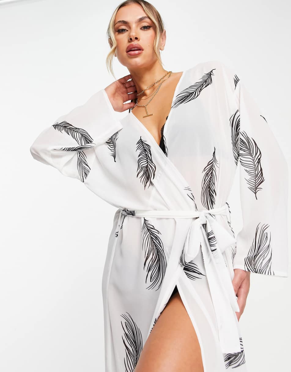 Bluebella Laurel chiffon maxi kimono in cream leaf print