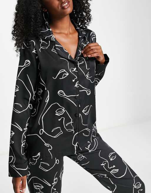 Bluebella Leon satin revere top and bottom set in mono face print